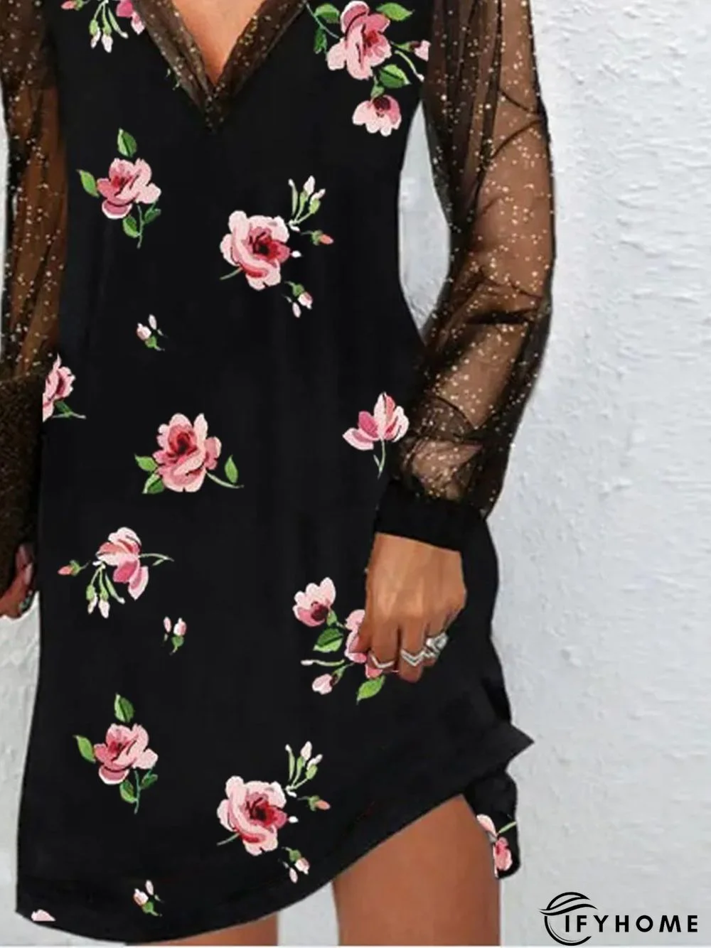 Women Casual Floral Autumn V neck Lightweight Micro-Elasticity Daily A-Line Regular Size Tunic Dress | IFYHOME