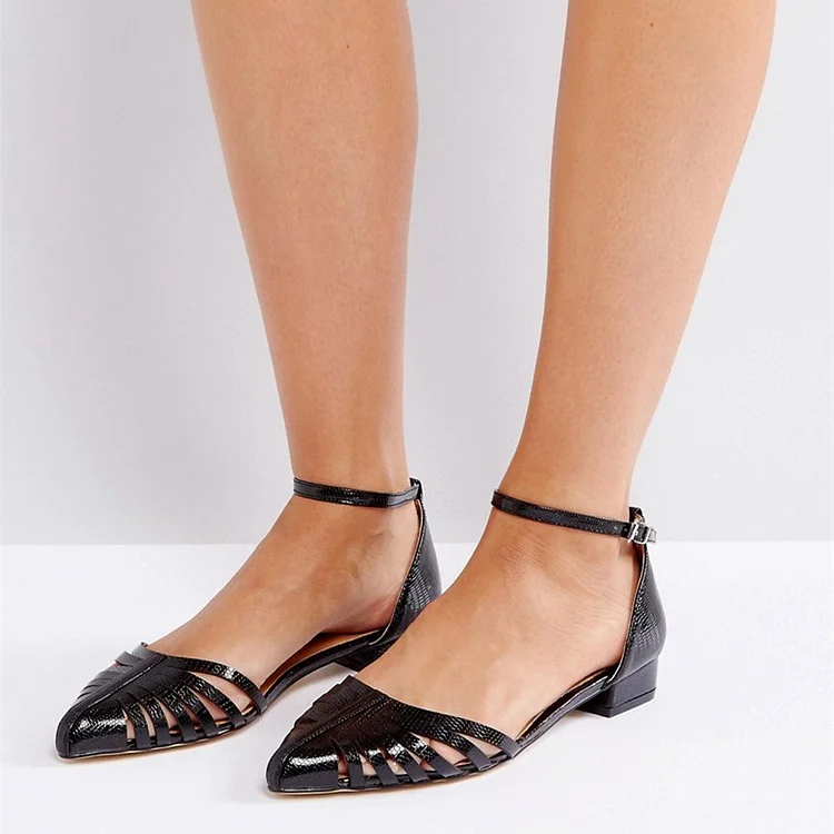 Black Python Ankle Strap Sandals Pointy Toe Hollow Out Flats |FSJ Shoes