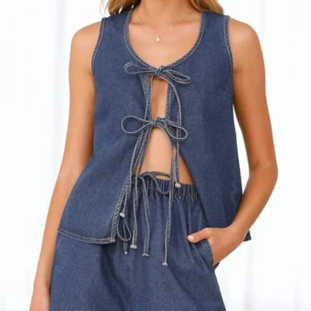 Denim Wide-Leg Top Waist Tie-Front + Tank Mini V-Neck Set: High