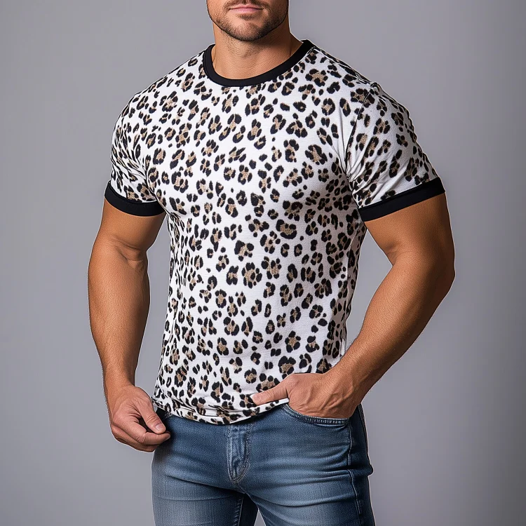 Okaywear Crew Neck Short Sleeve Leopard Pattern Contrast Binding T-Shirt 