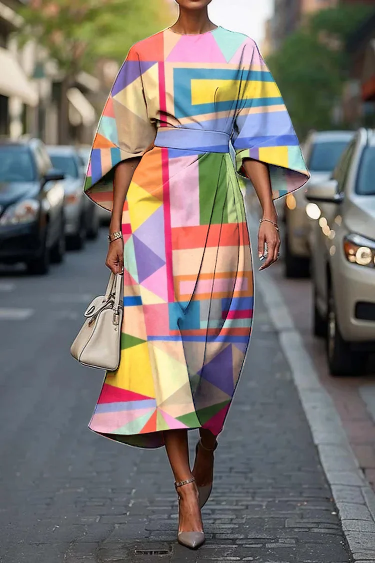 Women's Elegant Abstract Art Print Midi Dress