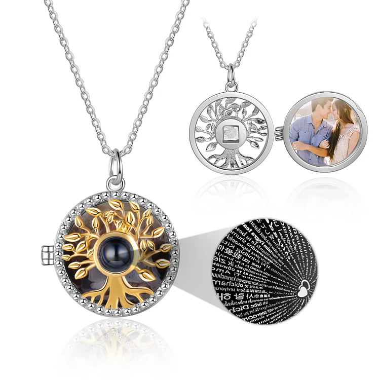 Personalized Tree of Life Photo Locket Necklace Say I Love You In 100 Languages
