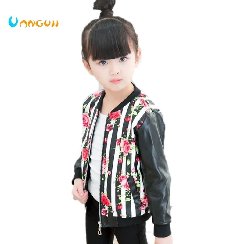 girls spring autumn jacket fashion pu Coats o-neck long sleeve printing flower Camouflage girls outwear girls clothes 3-9