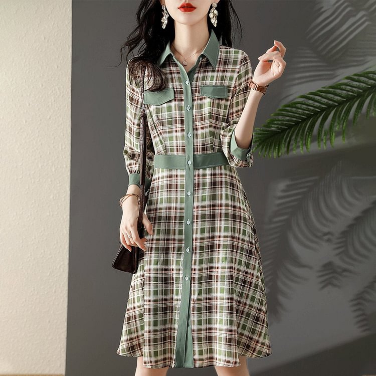 Green Vintage Checkered/plaid A-Line Dresses