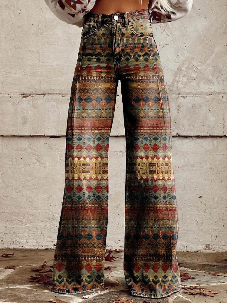 Women's Color Geometric Texture Print Casual Wide Leg Pants