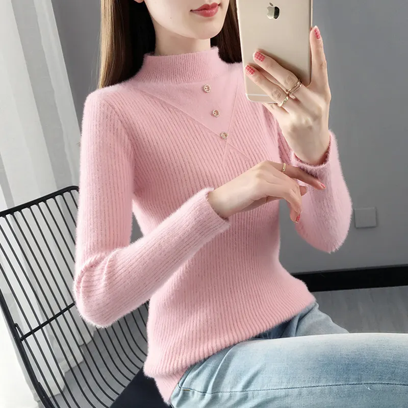 Uveng Uveng And Winter Half High Collar Button Thick New Foreign Style Jacket Sweater Imitation Mink Wool Coat Female Bottom Shirt