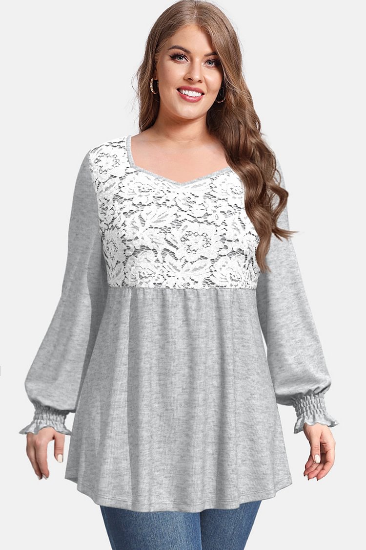 Flycurvy Plus Size Casual Light Grey Lace Lettuce Trim Smocking Tunic Blouse  flycurvy [product_label]