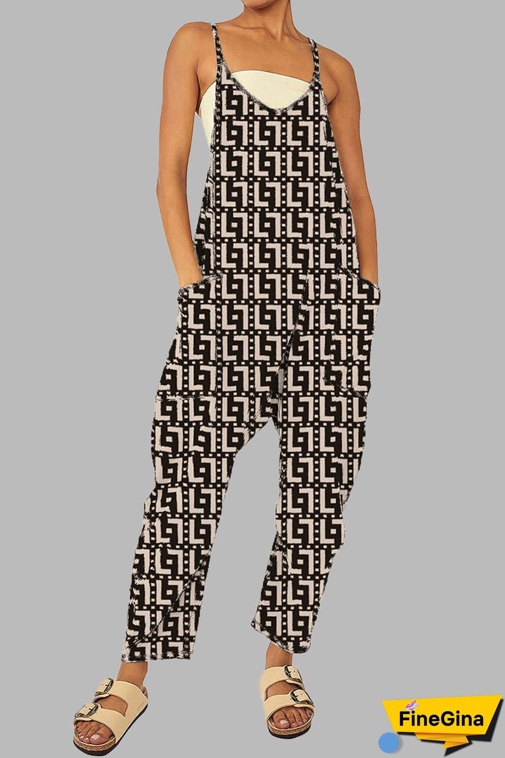 Black khaki Casual Gradual Change Print Patchwork Pocket Zipper Spaghetti Strap Loose Jumpsuits