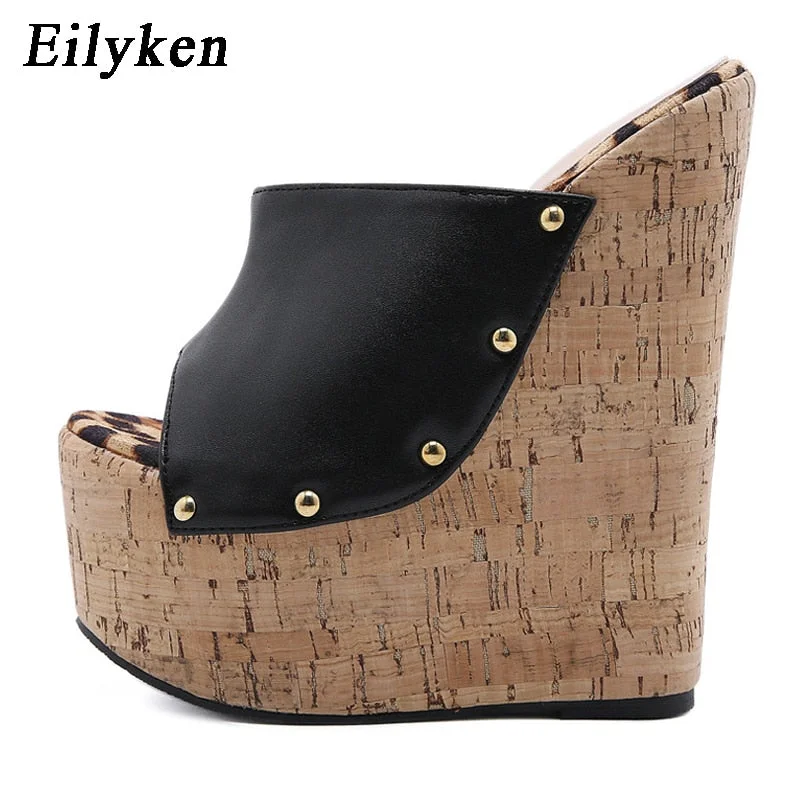 EilyKen Rivet Peep Toe Platform Wedge Slippers Black Summer Shoes Woman Sexy Super High Sandal Slippers Black 35-42 Mules