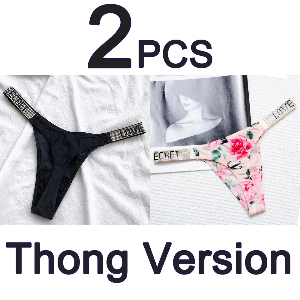 2PCS Sexy Low Waist Panties G String Comfort Satin Underwear Women Rhinestone High Fork Thong Seamless Intimates Lingerie Cotton