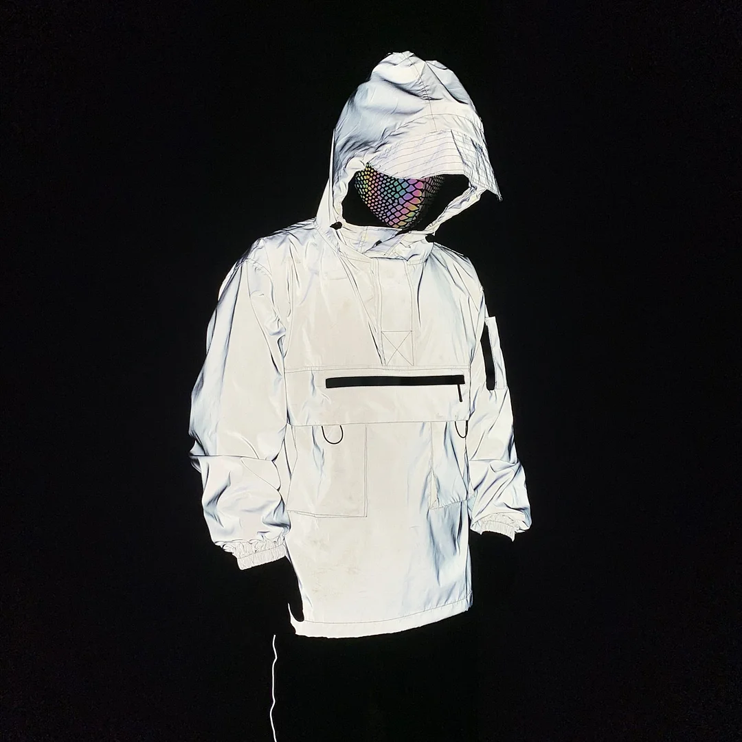 Toloer Multi-Pocket Tactical Function Wind Dazzling Color Reflective Work Jacket Couples Loose Assault Suit Hooded Coat Man-Outfit Ideas