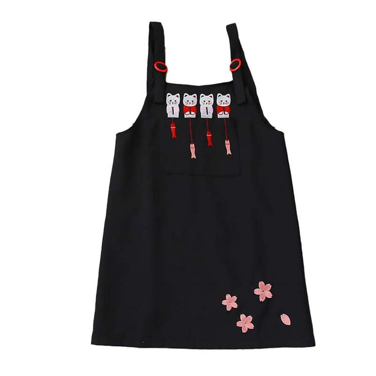 Vintage Blossom Cat Fish Embroidery Shirt Overalls Skirt Set - Modakawa Modakawa