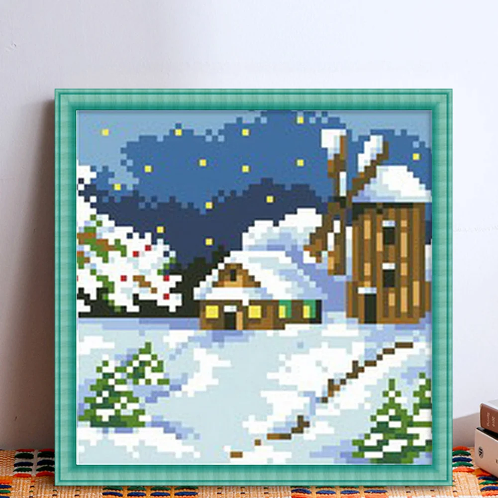 9CT Full Stamped Cross Stitch Bead Embroidery - Landscape Winter(Canvas|17*17CM)