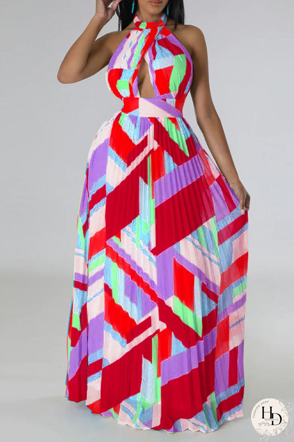 Black Sexy Print Patchwork Backless Fold Halter A Line Dresses