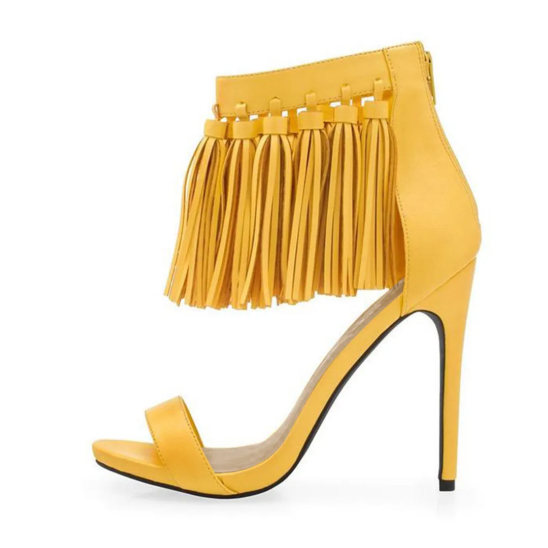 Yellow Open Toe Zipper Stiletto Heeled Sandals with Tassels