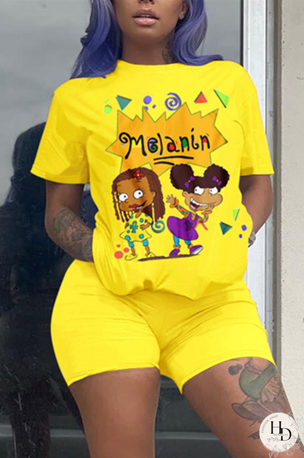 Yellow Fashion Casual Printed Short Sleeve Top Set