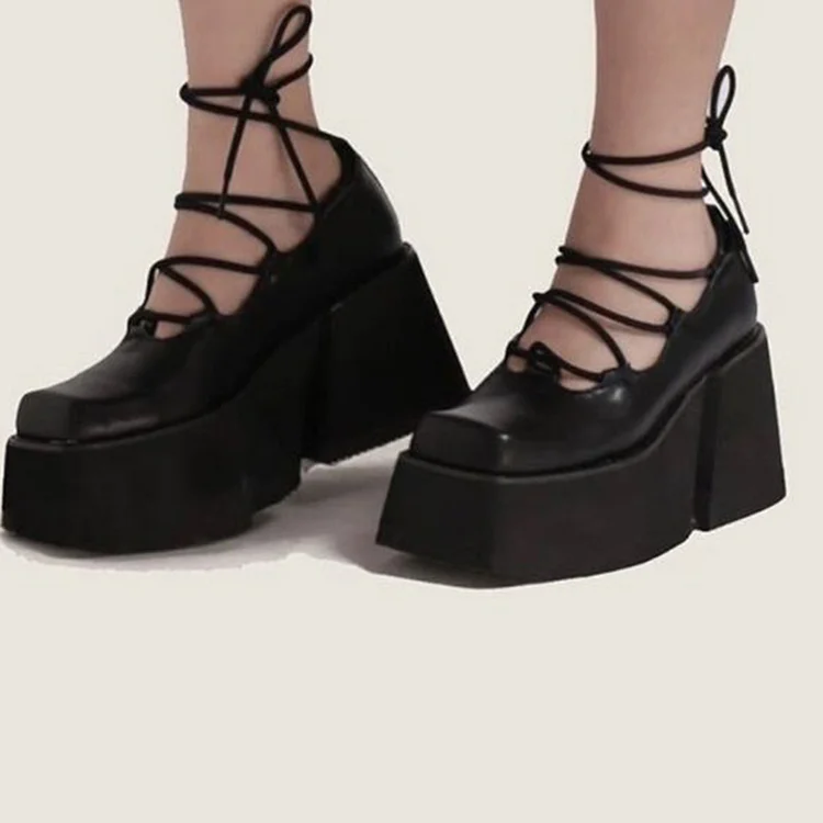 Black Square Toe Chunky Heels Vintage Strappy Platform Pumps Shoes |FSJ Shoes