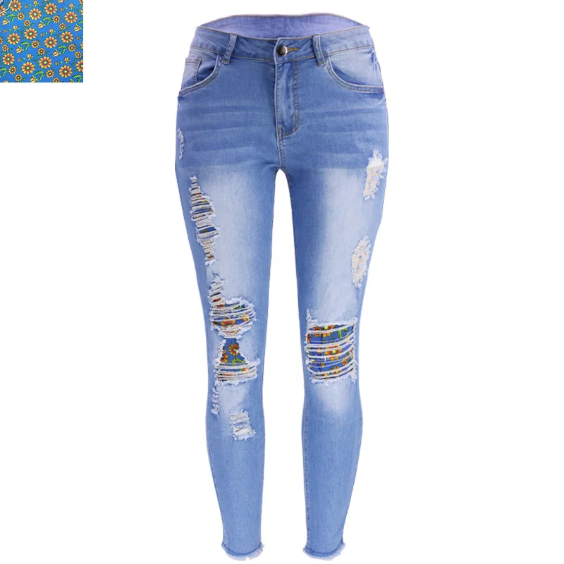 Women's Fashion Ripped Floral Patchwork Women's Denim Jean Trousers