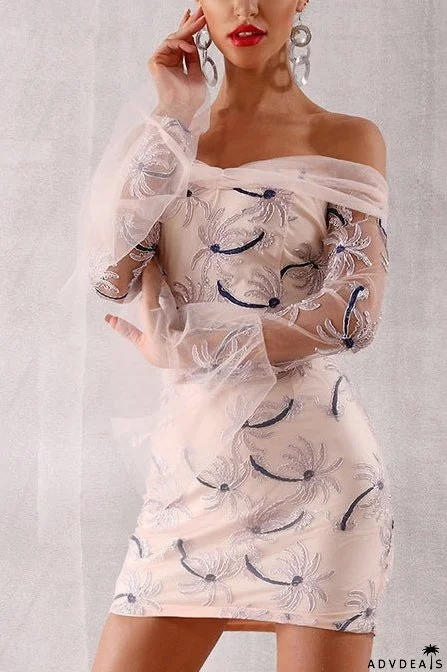 Pink Off Shoulder Tulle Embroidered Bodycon Dress