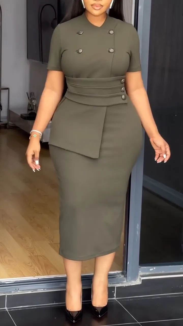 Women Round Neck Double Breasted Spliced Waist Cinching Commuting Dress with Temperament