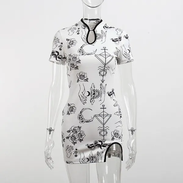 Womens Vintage Cheongsam Print Dress floral white short sleeve high waist skinny mini