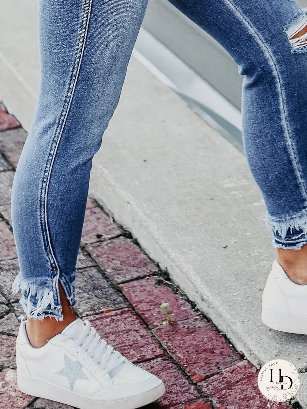 Blue Raw Hem Straight Jeans with Leopard Print Patchwork Detail and Ripped Holes - Women's Denim Clothing