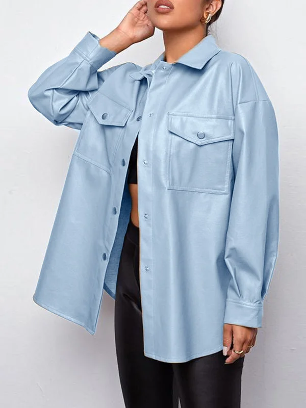 Buttoned Pockets Long Sleeves Loose Lapel Outerwear Jackets