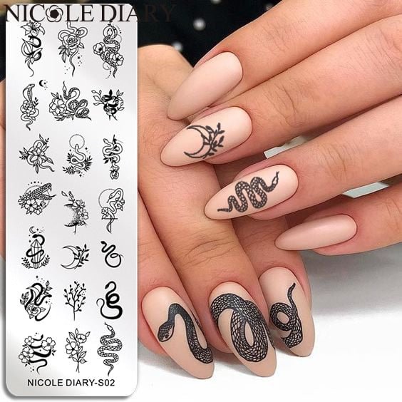 NICOLE DIARY Snake Flower Design Stamping Plates Stripe Line French Nail Stamp Templates Leaf Floral Printing Stencil