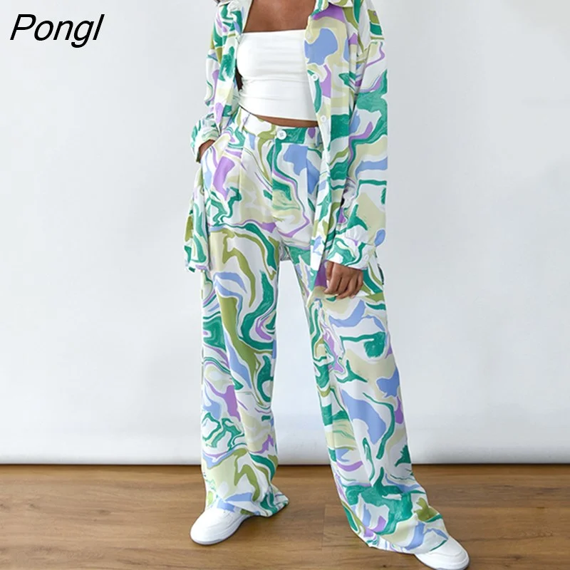 Pongl Winter Print Pants 2 Pieces Set Women 2022 Outfits Elegant Long Sleeve Shirts Fashion High Waist Long Pants Suits Female