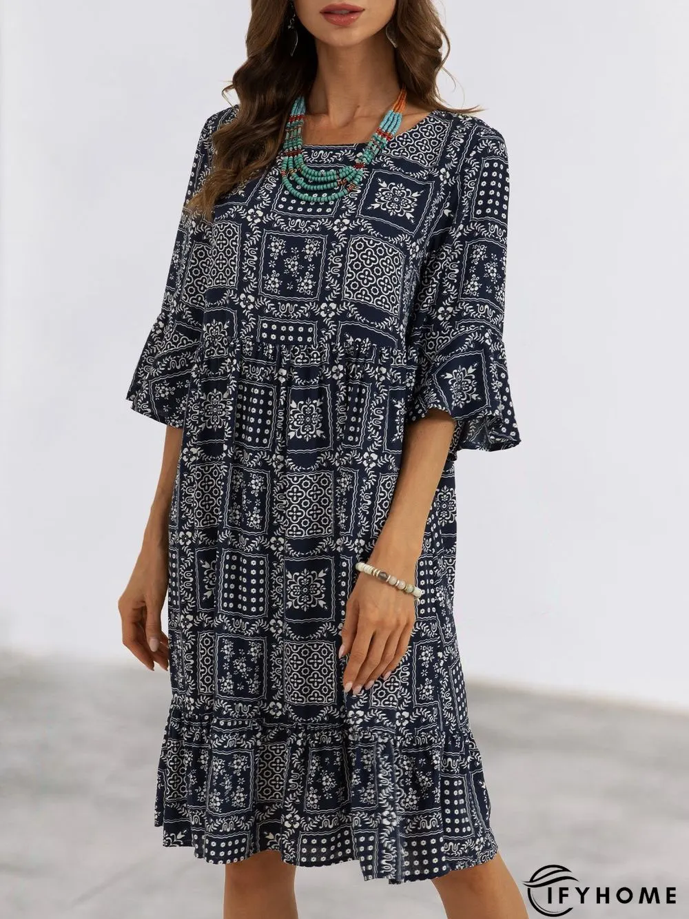 Purplish Blue Printed Shift Half Sleeve Holiday Mini Dress | IFYHOME