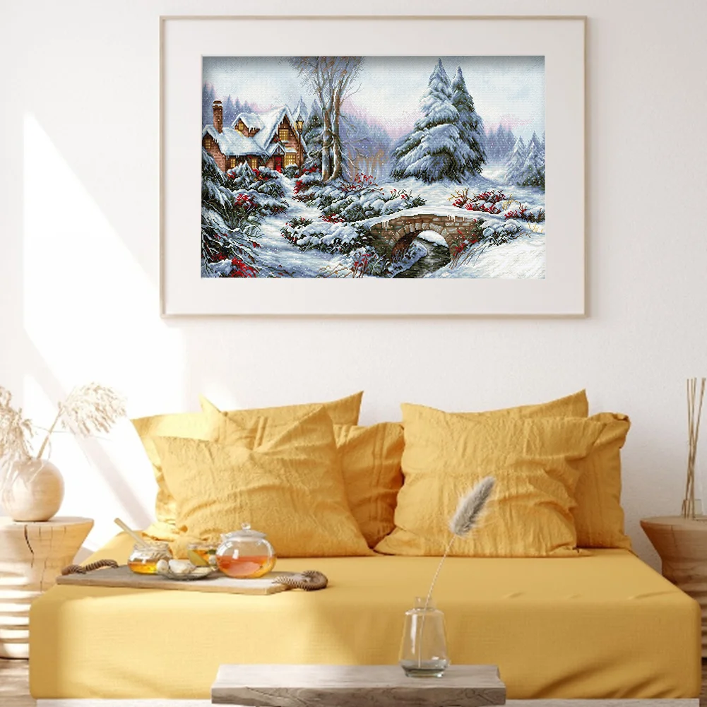 14CT Full Stamped Cross Stitch - Snow Scene(Canvas|30*50CM)