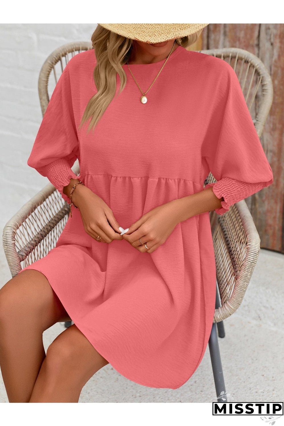 Round Neck Lantern Sleeve Mini Dress