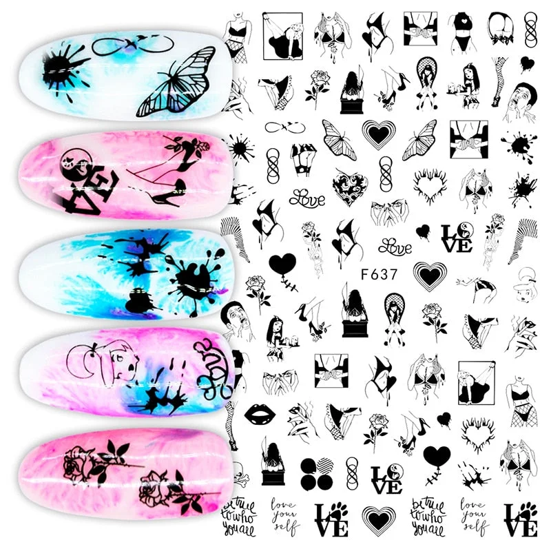 1PC Love Heart Designs 3D Nail Sticker Valentines's Day Black Red Transfer Decals Slider Gifts For Nails Decoration Manicures-Nail Inspo