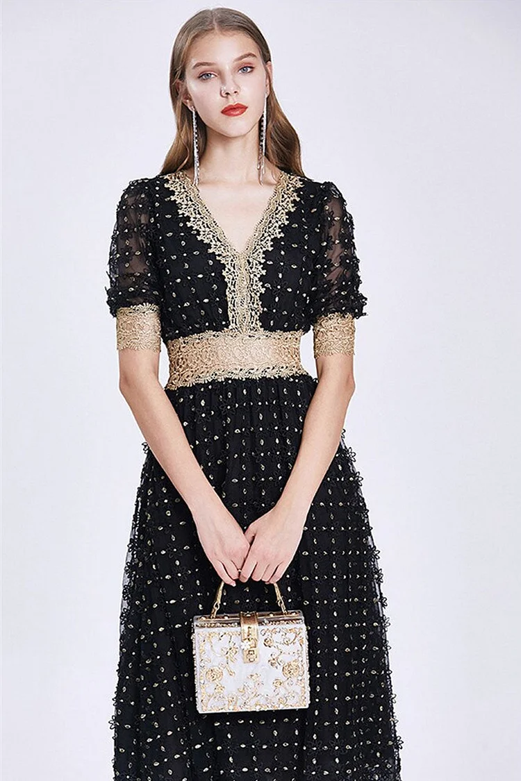 Vintage Dress, Luditu Midi Dress, Lace Party Dress, Genevieve in  White Apricot and Midnight