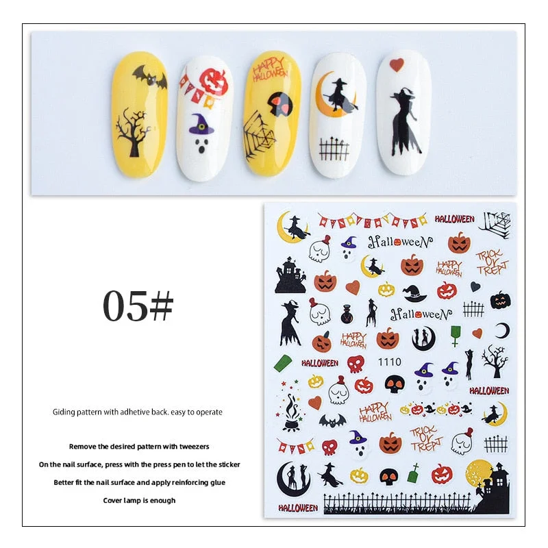 Halloween 3D Nail Stickers Skeleton Pumpkin Design Adhesive Nail Transfer Sliders Paper Autumn Winter DIY Nail Art Decoration