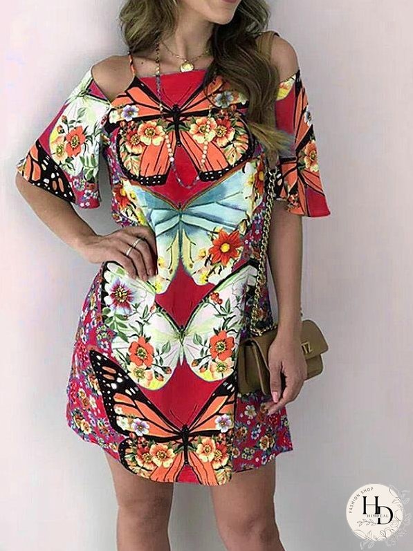 Butterfly Print Cutout Short Sleeve Dress for Women