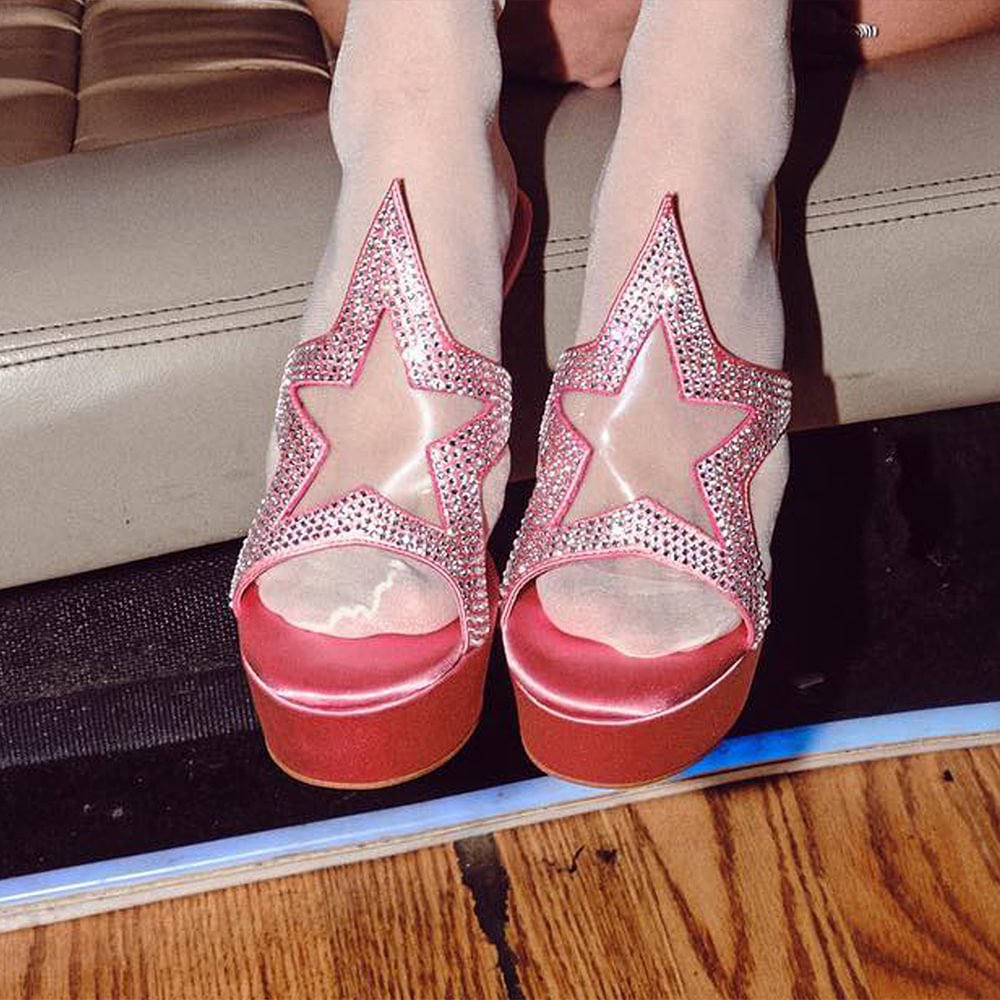 Pink Round Toe Mules With Platform Rhinestone Star Decorative Heel Sandals Nicepairs