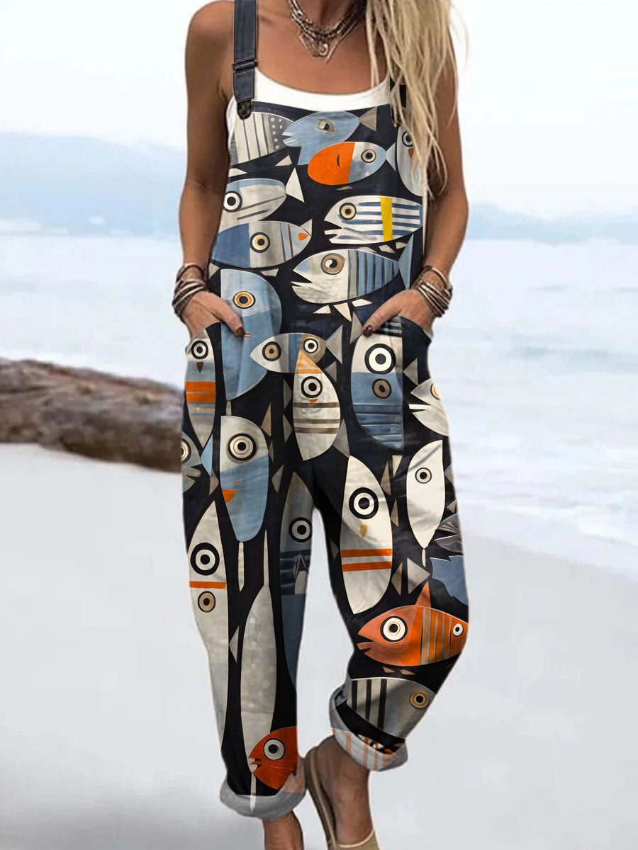 Women's Lovely Fish Pattern Art Print Casual 100% Cotton Wide Leg Jumpsuit
