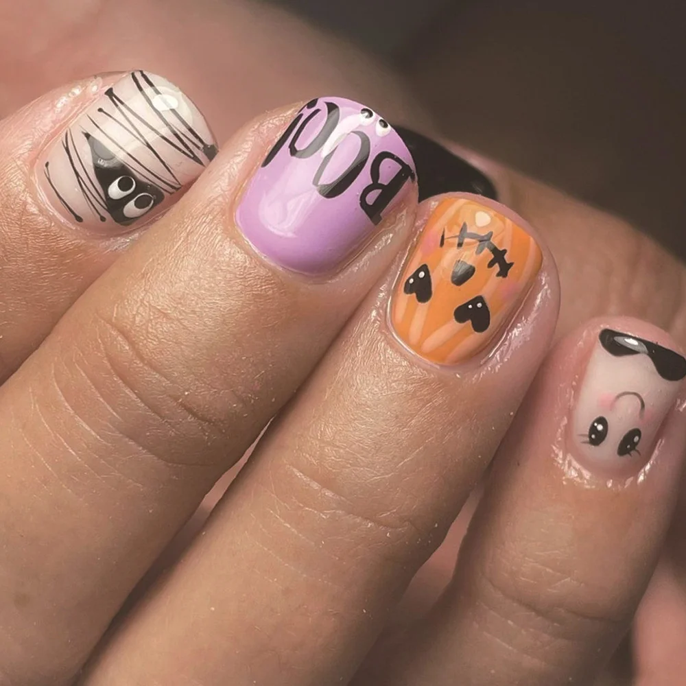 Churchf Churchf Short Square Armour Smiling Mummy Pumpkin Halloween Element Fake Nail Finished Wear Nail Holiday Nail