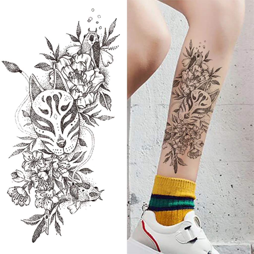 Geometry Rose Flower Temporary Tattoos For Women Girls Black Butterfly Bird Tattoo Sticker Fake Peony Geometric Body Art Tattos