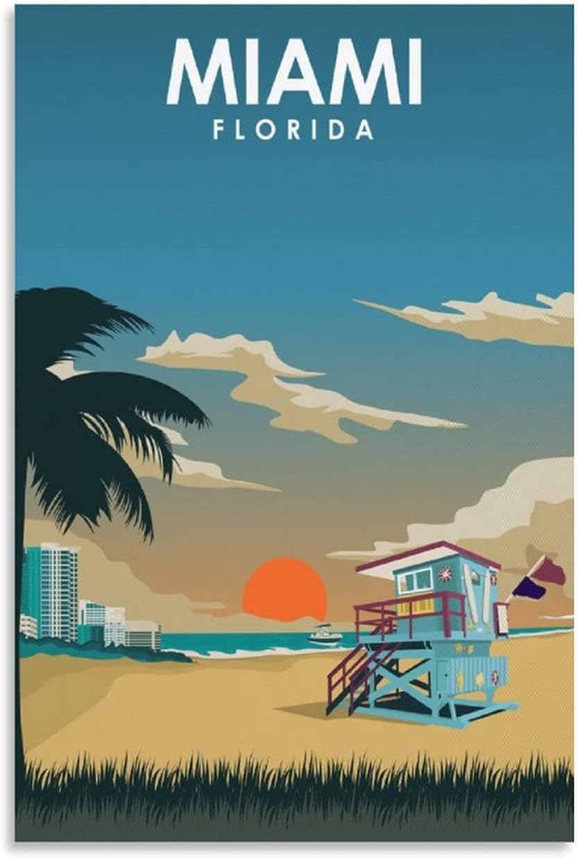 Miami Florida Vintage Travel Posters Sun Beach Boat Building Canvas Wall Art,Wall Decor Posters Prints Paintings Room Decor Home Decor for Livingroom Bedroom Office 08x12inch(20x30cm) 08x12inch(20x30cm)