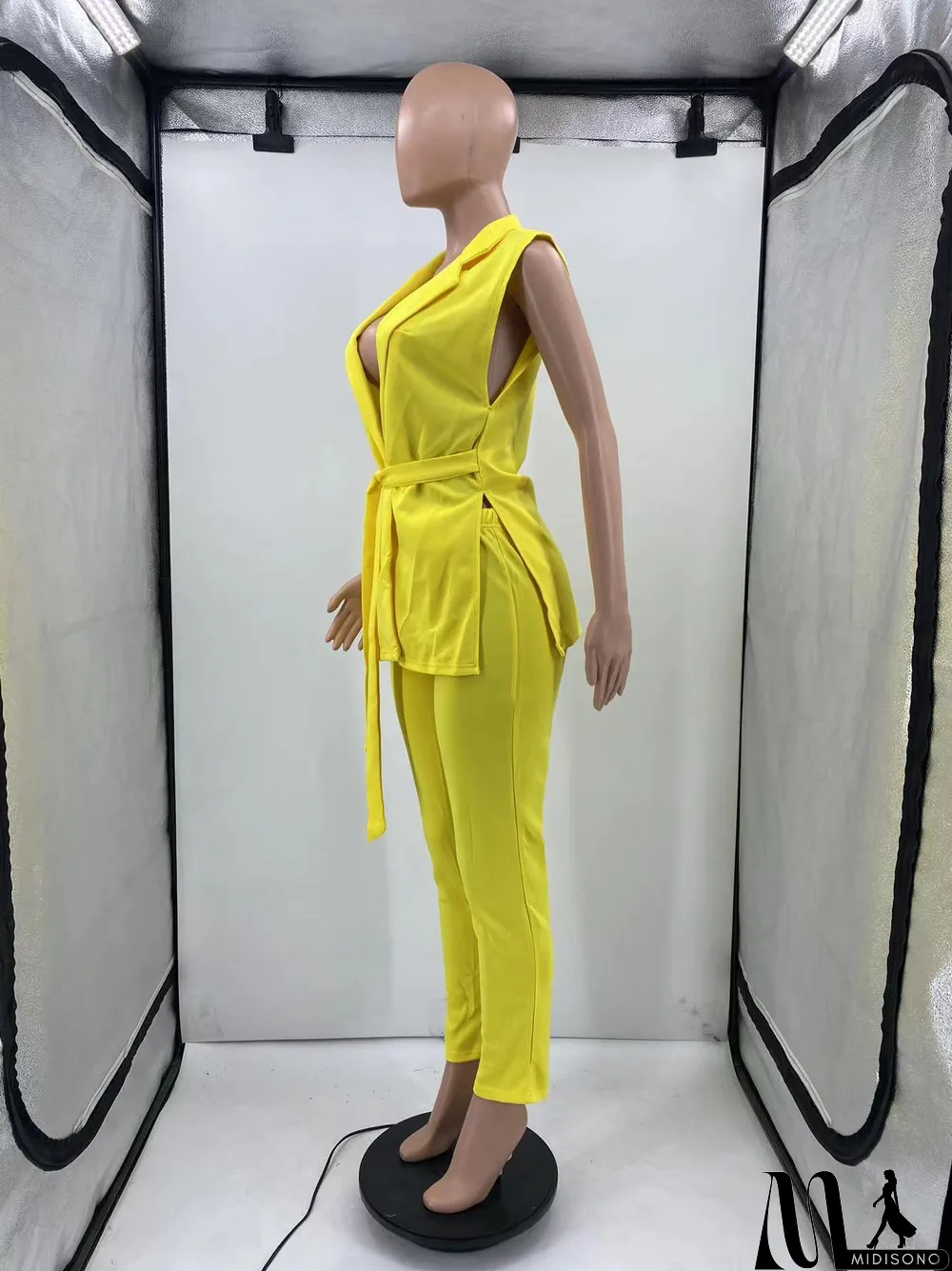 MidiSono - Solid Sleeveless Split Blazer Two Piece Sets