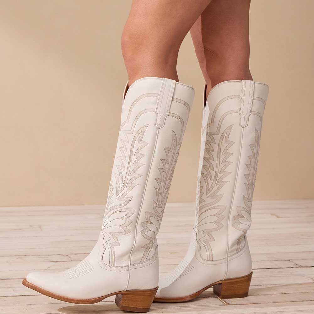 White Vegan Leather Pointed Toe Floral Embroidery Wide Calf Knee High Cowgirl Boots