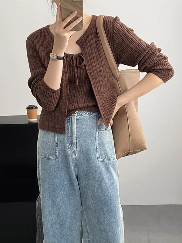 Knitwear Solid Color Drawstring Tied Round-Neck Inner Camisole +Long Sleeves Outer Cardigan Two Pieces Set