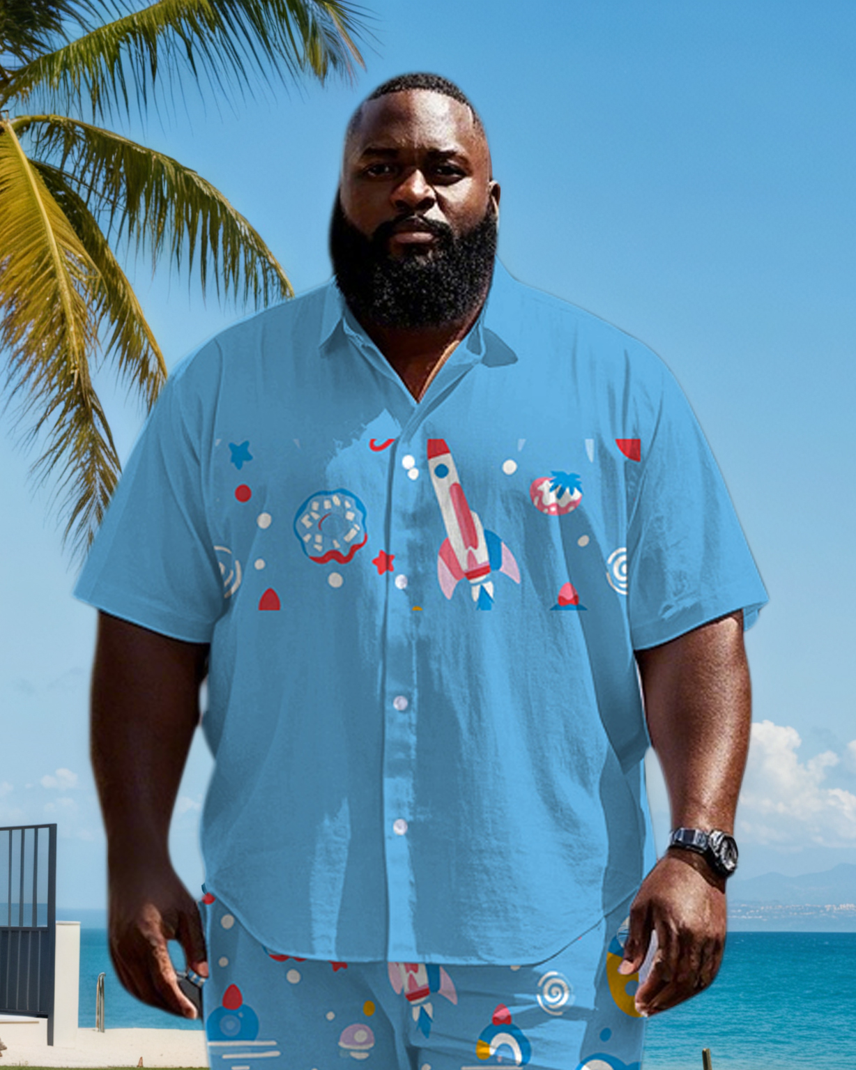 Big Men's Funny Cartoon Rocket Pattern Color Block Printed Short Sleeve Shirt Shorts Set