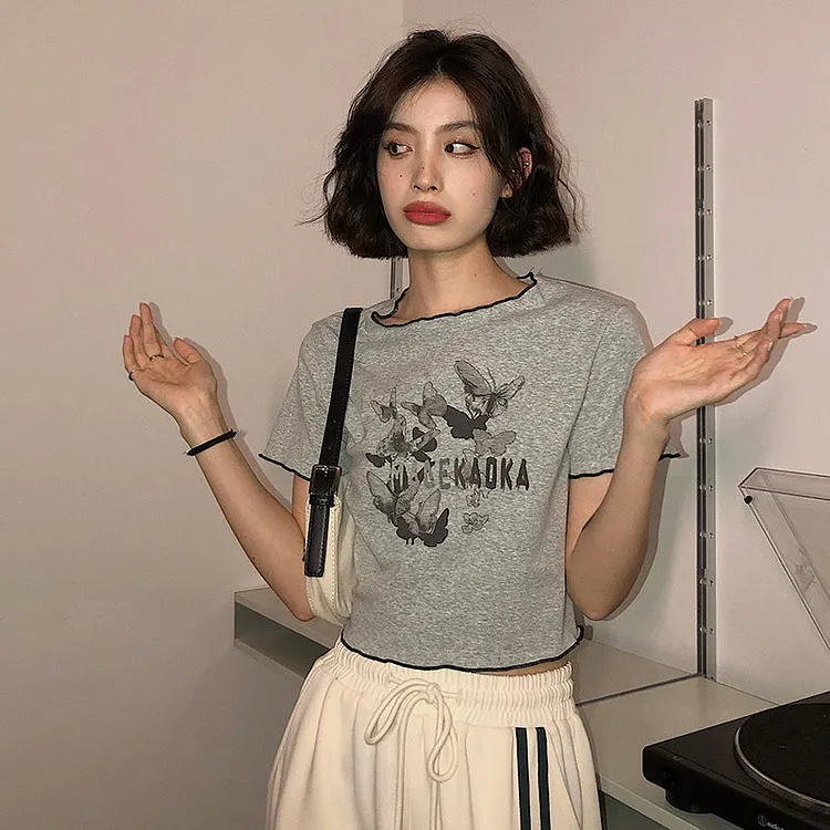Summer Butter Fly Print Fungus Edge Tee