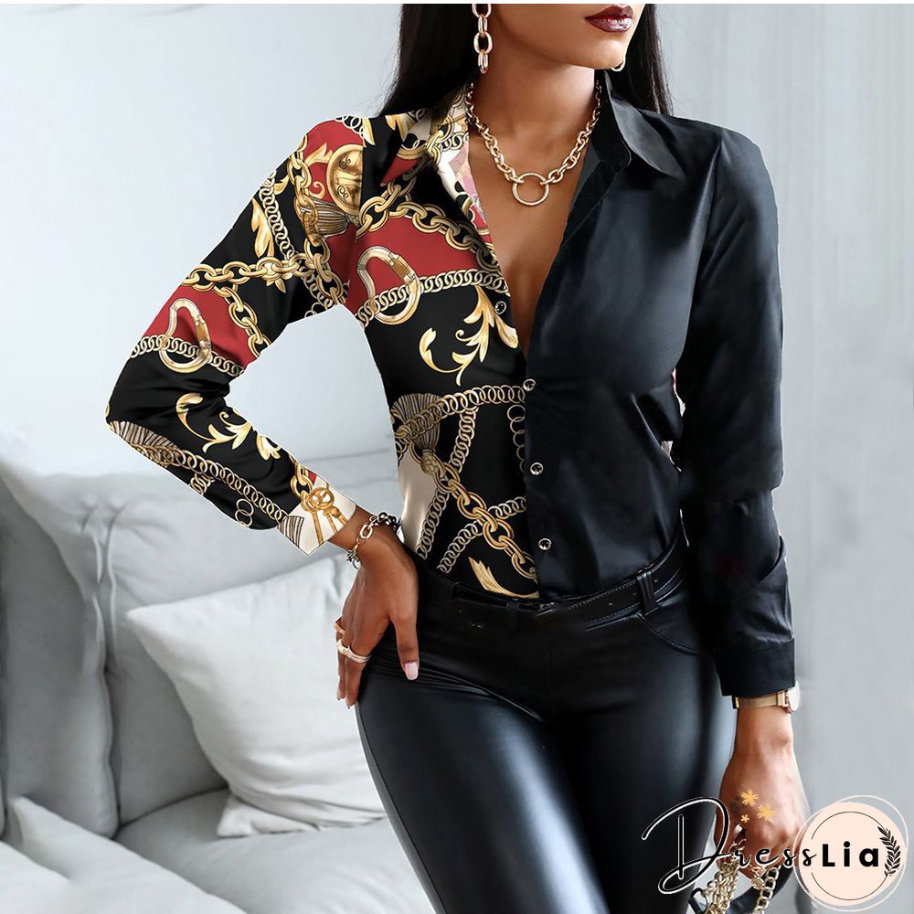 Autumn Women Black Floral Print Top Shirt Fashion Casual Long Sleeve Turn-down Collar Tops Shirts New Elegant Slim Button Shirts
