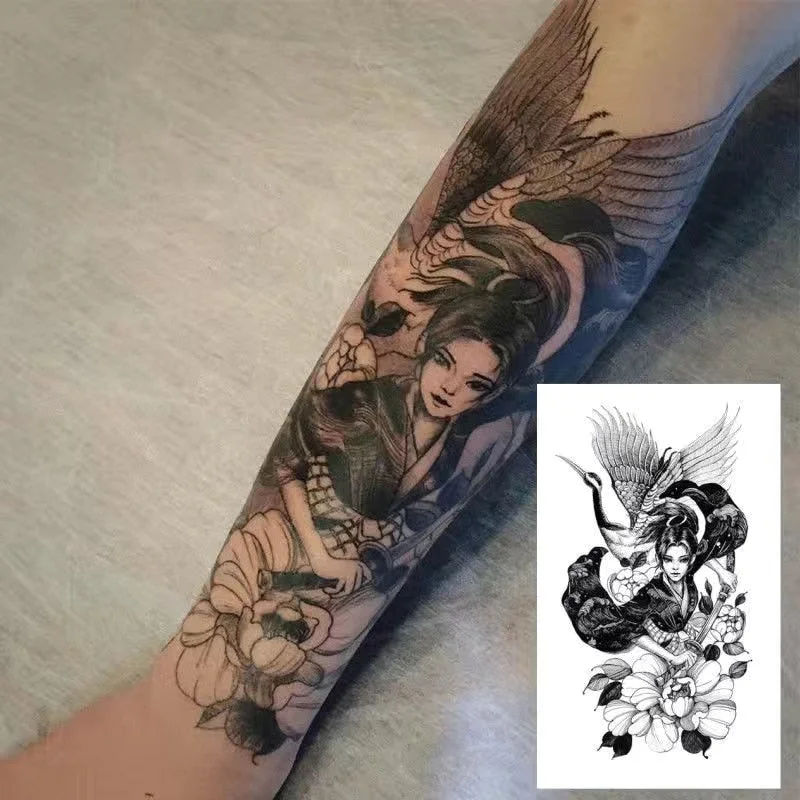 Red-crowned Crane And Girls Black Temporary Tattoo Stickers For Men Women Waterproof Fake Tatoos Flash Decals Tattos Cool