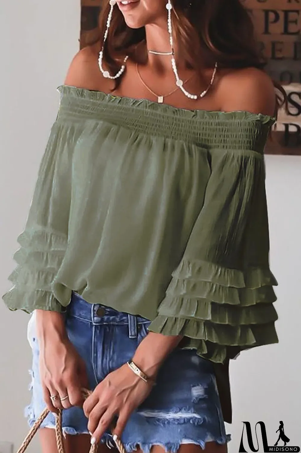 MidiSono - Casual Solid Flounce Off the Shoulder T-Shirts
