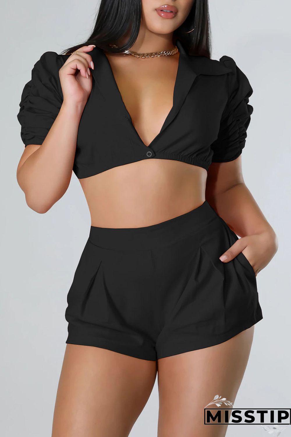 Black Casual Solid Patchwork Buckle Fold Turndown Collar Short Sleeve Two Pieces